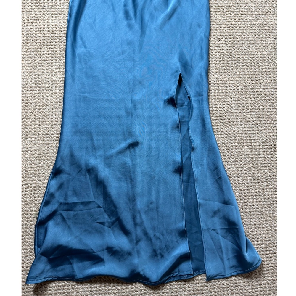 Showpo Kiarra Norman Halter Dress Satin Blue Size 2 Party Split Hem Cut V-Neck - Picture 4 of 9